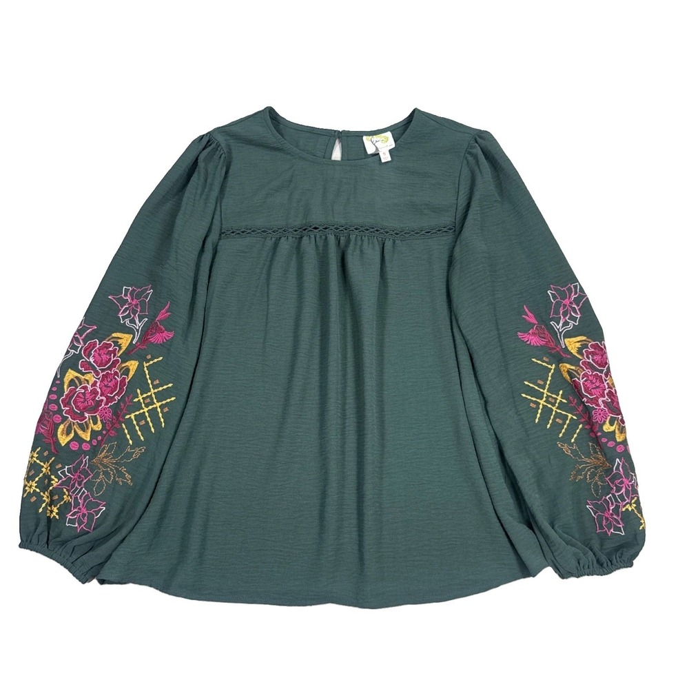 Fig And Flower Blouse Women's Small Green Pink Floral Embroidered Boho Peasant